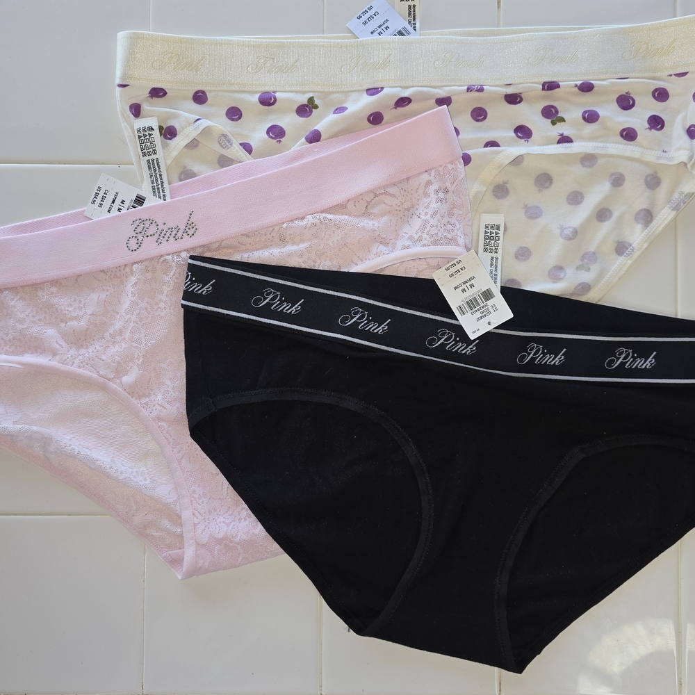 NWT PINK Victoria's Secret Berries, Black, and Cream Underwear Trio Size M